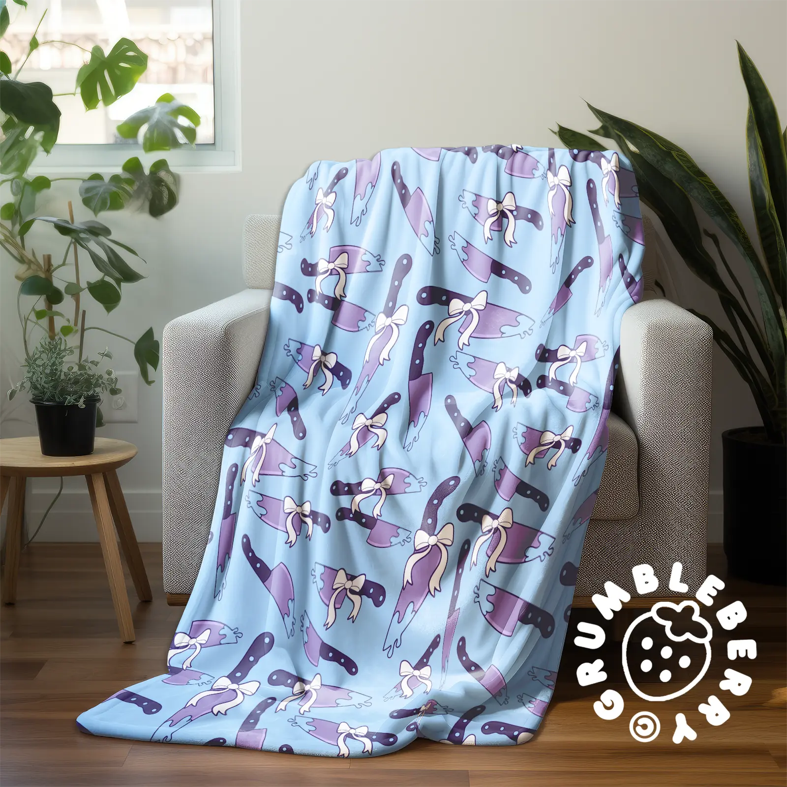 Creepy Kawaii Knives Blue Blanket - Image 4