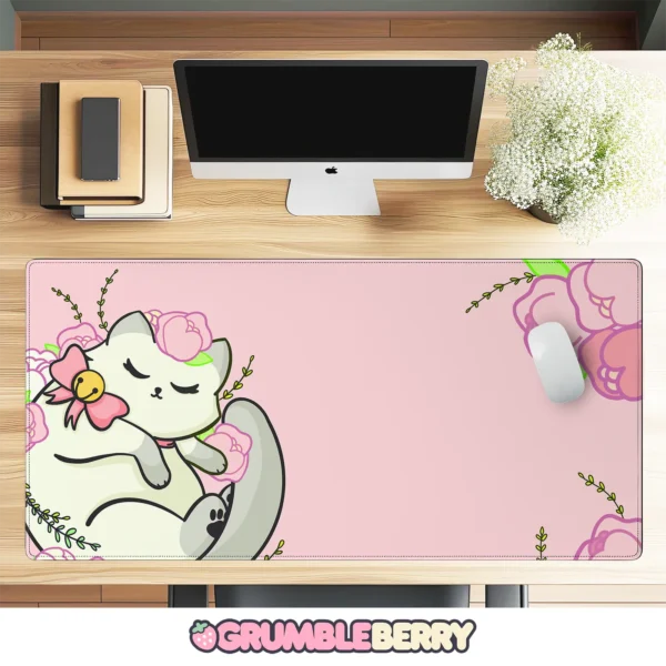 Floral White Kitty Desk Mat